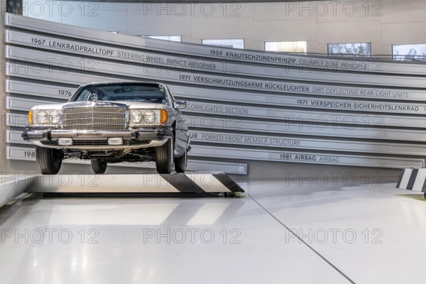 Mercedes-Benz 300 SD from 1980, the first series-produced passenger car to be equipped with a turbocharged diesel engine. The Mercedes-Benz Museum in Stuttgart presents a journey through time through the automotive history of the global corporation. The history of the Mercedes star begins with the first automobile in 1886. Stuttgart, Baden-Württemberg, Germany