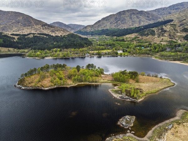 Loch Shiel from a drone, Glenfinnan, River Finnan, West Highland, Scotland, United Kingdom