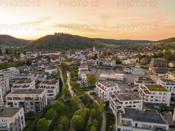 Aerial view of a town at sunset, crossed by a river, Nagold, district of Calw, Germany