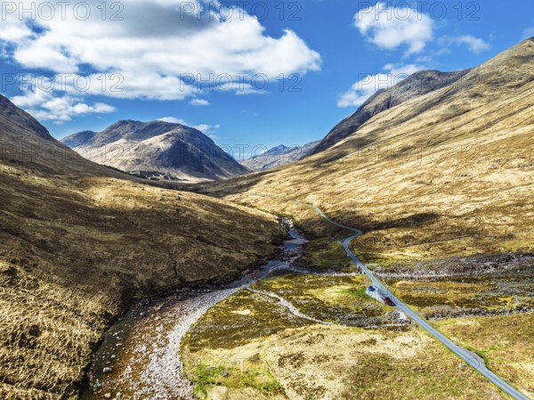Mountains and Moors over Glen Etive Valley from a drone, Buachaille Etive Mòr, The Buachaille, Highlands, Scotland, United Kingdom