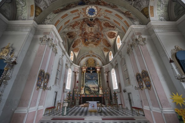 Chancel with the Lenten chuch painting on the high altar, Church of St Peter and Pau, Telfs, Bezrk, Innsbruck, Austria