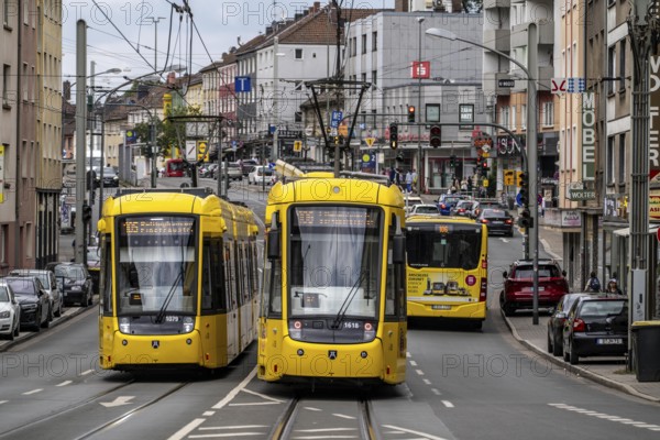 Ruhrbahn tram, on Altendorfer Straße, intersection Helenenstraße, in Essen, rush hour, traffic, Essen, North Rhine-Westphalia, Germany