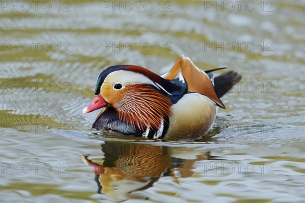 Mandarin duck (Aix galericulata), swimming male, North Rhine-Westphalia, Germany, originally native to East Asia