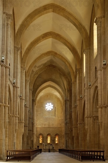 Nave, choir with altar, interior, Gothic basilica of the Cistercian abbey of Fossanova Monastery, Cistercian-Burgundian architectural style, Priverno, Province of Latina, Lazio, Italy