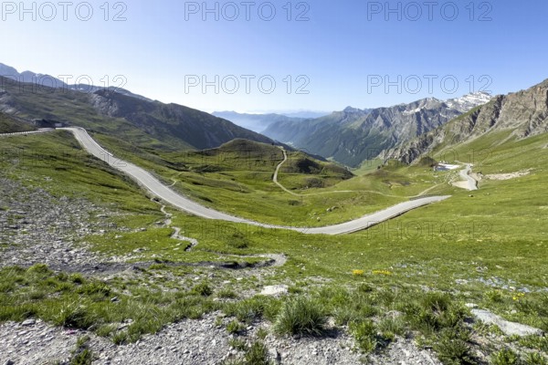 View of southern ramp southern ascent mountain road Alpine road to pass in Alps High Alps Alpine pass above tree line 2744 metres high Col d'Agnel, Colle dell'Agnello, Pontechianale, Piedmont, Italy