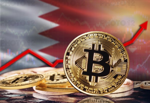Bitcoin with Bahrain flag in the background. Investors in cryptocurrency and Blockchain Technology in Bahrain, Concept