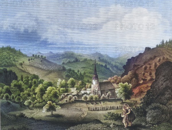 Obertruppach, Obertrubach, c. 1850, Franconian Switzerland, district of Forchheim, Upper Franconia, Bavaria, Germany, digitally enhanced reproduction from a 19th century original, coloured, historical, exact date unknown