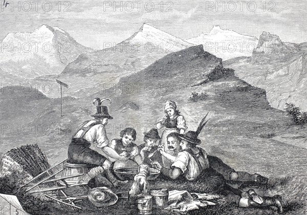 Alpine farmers taking a break while mowing the mountains, Vesper, Alps, Tyrol, around 1880, Austria, Historical, digitally restored reproduction from a 19th century original, Record date not stated