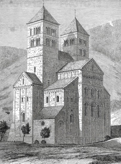 Abbey church of Murbach, dedicated to St Leodegar of Autun, was the main church of the prince-abbey of Murbach, Upper Alsace, Grand Est region, France, Historical, digitally enhanced reproduction of an original from around 1860