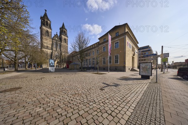 Cathedral Museum Ottonianum Magdeburg, cathedral, museum, bare wintry trees, general architecture, blue sky, cumulus clouds, street, cathedral square, Breiter Weg, Magdeburg, state capital, independent city, Saxony-Anhalt, Germany