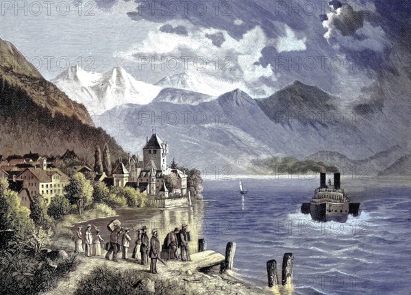 Lake Thun, Thunersee, is an alpine lake in the Bernese Oberland in Switzerland, here with Oberhofen Castle, historical picture or illustration from 1894, reproduction, digitally enhanced, Historical