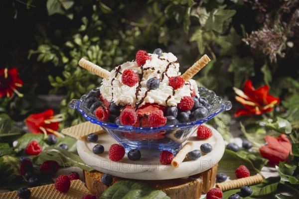 Ice cream sundae with cream, raspberries, blueberries, chocolate syrup and wafer, surrounded by leaves and flowers
