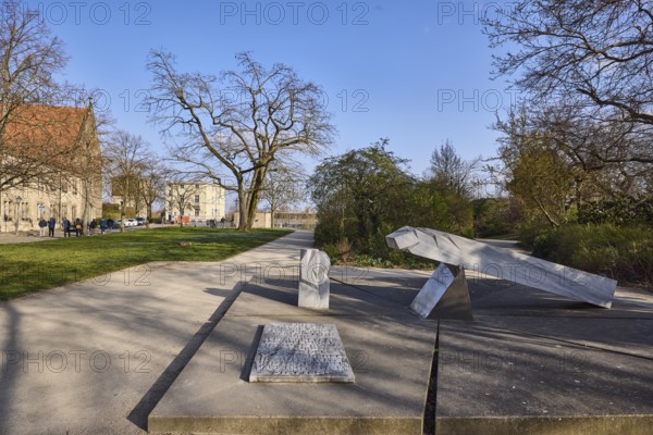 Memorial to the Persecution of the Sinti and Roma, park, lawn, bare winter trees, path, blue sky, Am Dom, Magdeburg, state capital, independent city, Saxony-Anhalt, Germany