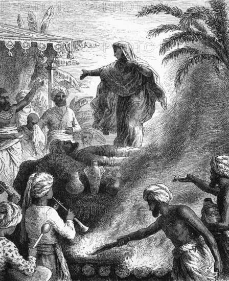 Suttee or the self-immolation of widows, a religious practice in India, digital reproduction of a historical model