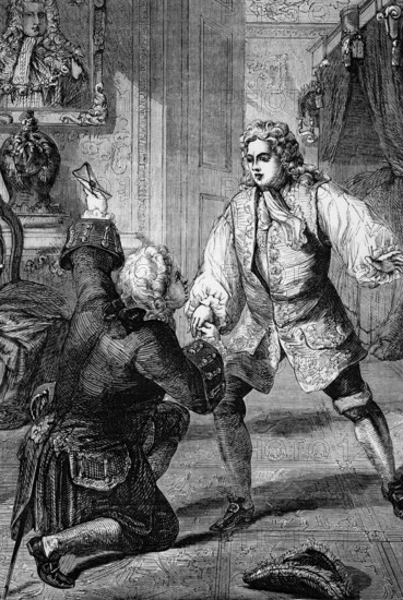 During one of his visits to Hanover in June 1727, King George II receives the news of his father's death from Sir Horace Walpole, the British Prime Minister. George II was the last British monarch to be born outside Great Britain, he was born and grew up in northern Germany, digital reproduction of a historical model