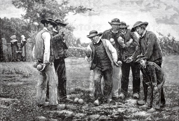 Men playing boules, 1880, France, Historical, digitally restored reproduction from a 19th century original, Record date not stated