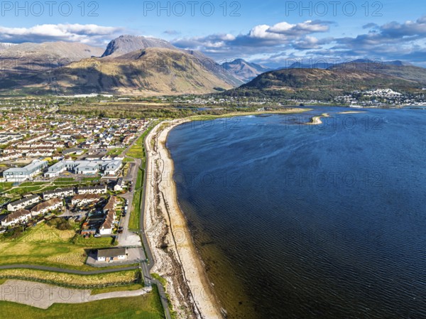 View of Caol Beach and Nevis Range Mountains from a drone, Corpach, Fort William, Highland, Scotland, United Kingdom