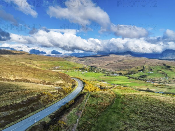 Farms and Moors over Loch Harport from a drone, Drynoch, Isle of Skye, Highlands, Scotland, United Kingdom