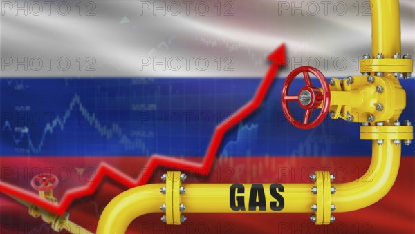 Gas pipeline with Russia flag in background. Increase in gas production with Russian flag, Concept