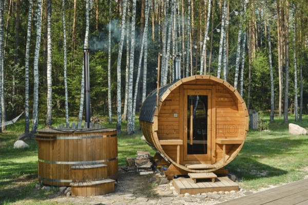 Relaxing wooden sauna and hot tub in a tranquil forest setting near a serene lakeshore