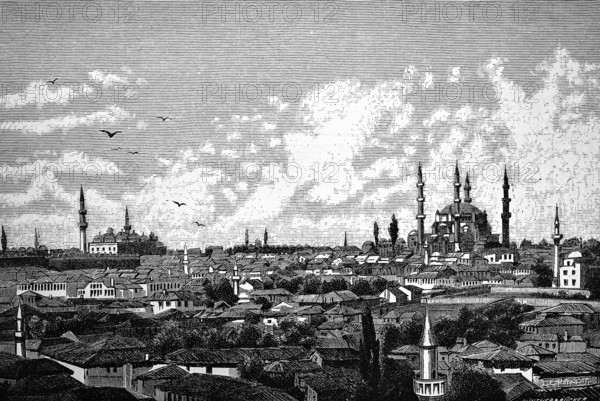 Cityscape of Adrianople or Edirne with Selimiye Mosque, Ottoman architecture, domed building, minarets of the mosques, large city in the European part, Turkey, historical illustration 1896
