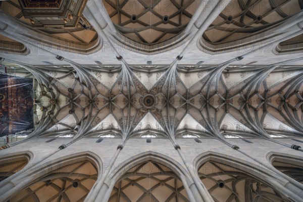 Vaults of Überlingen Minster, St Nicholas, built in 1350 and 1576 in the late Gothic style, Überlingen, Baden-Württemberg, Germany
