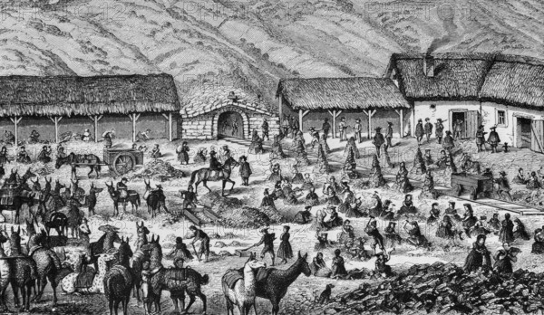 Mine in North Chile, mining of mineral resources, lorry, tracks, shaft in the mountain, crushing of the rock, workers, men and woman, horses, riders, carts, transport, spoil, house with smoking chimney, South America, historical illustration 1888