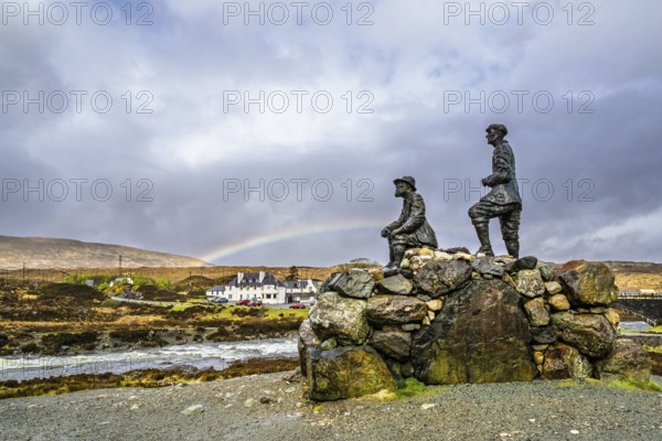 Rainbow over Collie and MacKenzie Statue, Sligachan Old Bridge, Isle of Skye, Scotland, UK