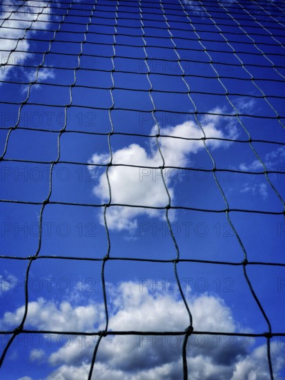 Looking up at a blue sky filled with clouds, framed by a black net. The sunlight highlights the delicate mesh against the vibrant sky during a clear day