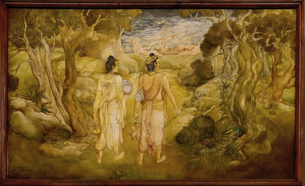 Temple of the sacred Tooth Relic or Sri Dalada Maligawa, Painted panel depicting the history of the Sacred Tooth Relic, New Shrine room or Alut Maligawa ceiling, Kandy, Sri Lanka