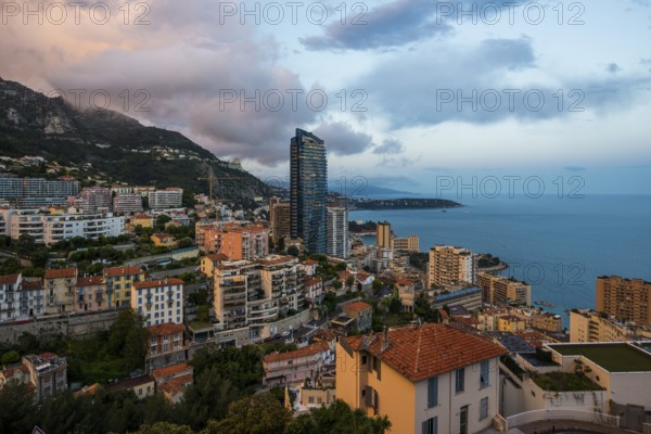 Panorama, Skyline with skyscrapers by the sea, Sunset, Monte Carlo, Cote d'Azur, Monaco