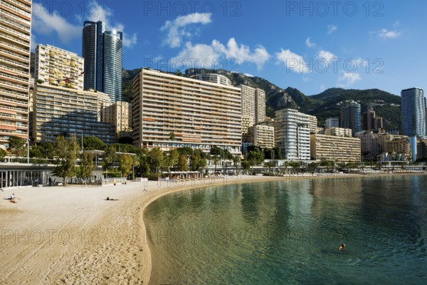 Panorama, Skyline with skyscrapers and beach, Plage du Larvotto, Monte Carlo, Cote d'Azur, Monaco