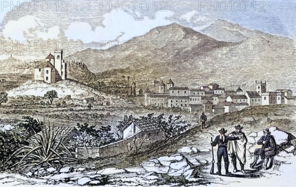 Scene in 19th century Andalusia, people standing in front of a town, landscape, Spain, digital reproduction of a historical original