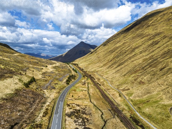 Montaims over West Highland Way A82 from a drone, Clifton, Crianlarich, Highland, Scotland, UK
