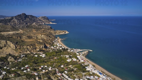 Drone shot, view of the coast from above, mountains and beach along the coastline with clear blue sea, Stegna Beach, Stegna viewpoint, Stegna, east coast, Rhodes, Dodecanese, Greek Islands, Greece