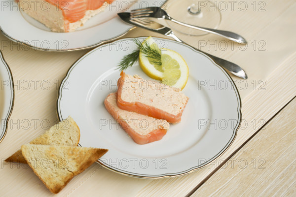 Southern German cuisine, salmon trout terrine arranged on a plate, salmon terrine with trout fillets, fish dish, salmon fillets, smoked salmon, starter, fine dining, Sunday crockery with gold rim, grandma's service, lemons, dill, fish cutlery, toast, food photography, studio, Germany