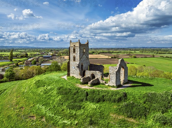 Burrow Mump from a drone, Southlake Moor, Burrowbridge, Taunton, Somerset, England, United Kingdom