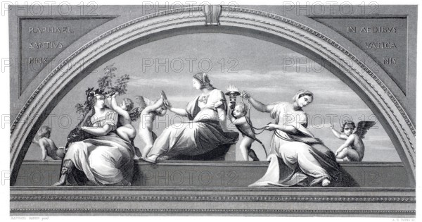 The Cardinal Virtues, Fortitude, Prudence and Temperance, after a painting by Raphael, illustration from 1870, Vatican, digitally enhanced reproduction from a 19th century original, historical, exact date unknown