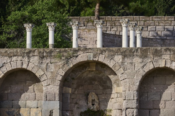 Ancient stone structure with columns and overgrown trees in the background, arcade, lower terrace, Pan, Asklipion, Asklepieion, healing temple, temple, Hippocrates, Kos, Dodecanese, Greek Islands, Greece