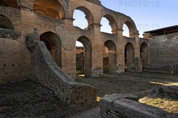 Ruins of the Baths of the Seven Sages, Terme dei Sette Sapienti, Roman bathhouse, ancient port city of Rome, excavation site Archaeological Park Ostia Antica, metropolitan city of Rome, Lazio, Italy