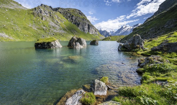 Mountain lake with view of glaciated mountain peaks, Lac du Louvie with summit Grand Combine, Valais Alps, Val de Bagnes, Valais, Switzerland