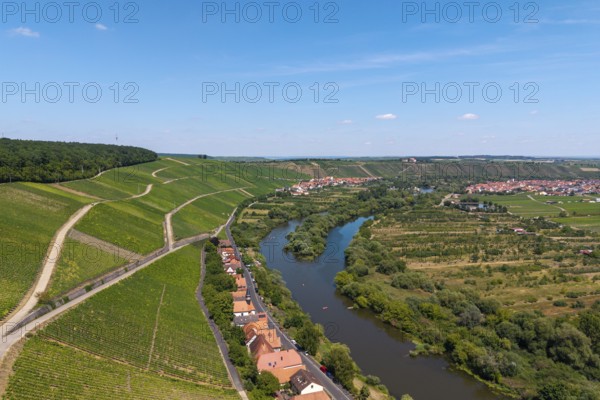 Mainschleife in summer, charburner near Volkach, behind Escherndorf, Nordheim and Vogelsburg, aerial view, Lower Franconia, Franconia, Bavaria, Germany