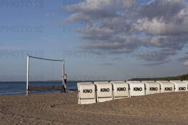 Kühlungsborn beach cinema, lined up beach chairs for cinema-goers, Baltic Sea, Mecklenburg-Western Pomerania, Germany