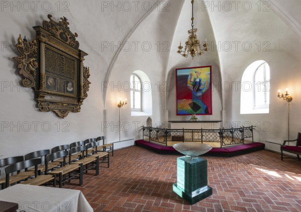 Church interior with altar, chairs and Gothic vault, 14th century church, Old Town, Ringkøbing, Ringkøbing Fjord, Denmark