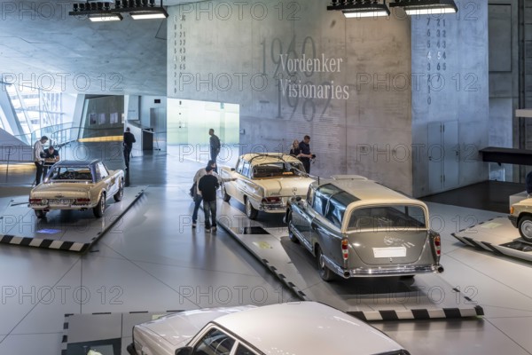 The Mercedes-Benz Museum in Stuttgart presents a journey through time through the automotive history of the global corporation. The history of the Mercedes star begins with the first automobile in 1886. 160 vehicles are on display. Stuttgart, Baden-Württemberg, Germany
