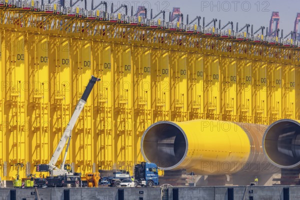 SIF Offshore Foundations, production of monopiles for offshore wind turbines. Foundations for wind turbines. Plant in the seaport of Rotterdam, Zuid-Holland, Netherlands