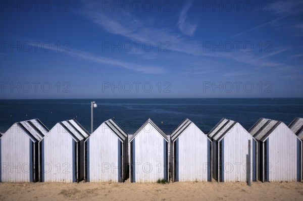 Bathing huts, beach huts, beach cabins, bathing cabins, cabins, sea, sky, blue, Yport, Normandy, Seine-Maritime, France