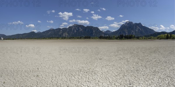 Cracked, dried out ground, waterless Forggensee in spring, behind it Tegelberg massif and Säuling, Ammergau Alps, near Füssen, Ostallgäu, Bavaria, Germany