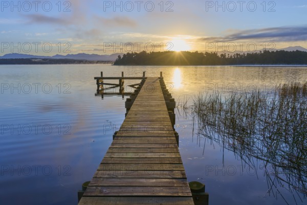 Wooden footbridge leading into the water at sunrise over a calm lake, Lake Mahinapua, Ruatapu, South Island, New Zealand