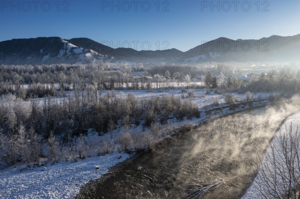 Sunrise on the Isar, Isar valley near Arzbach, Tölzer Land, in winter, aerial view, Upper Bavaria, Bavaria, Germany